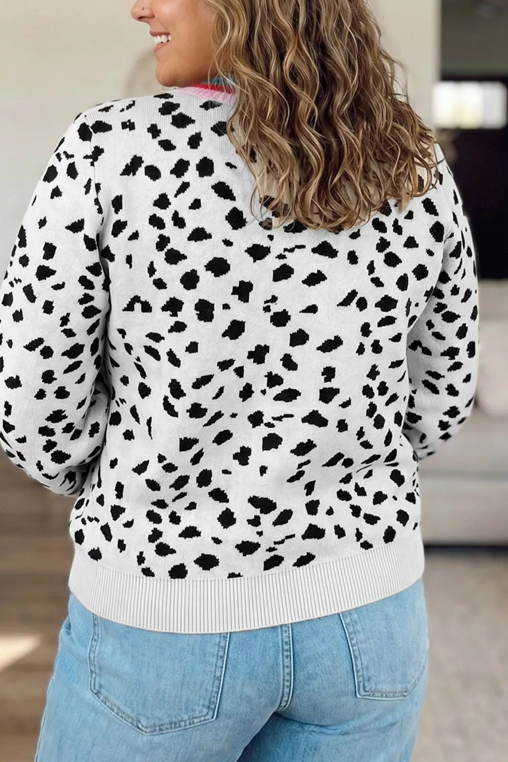 Plus Size Leopard Print Colorblock Round Neck Long Sleeve Tunic Sweater