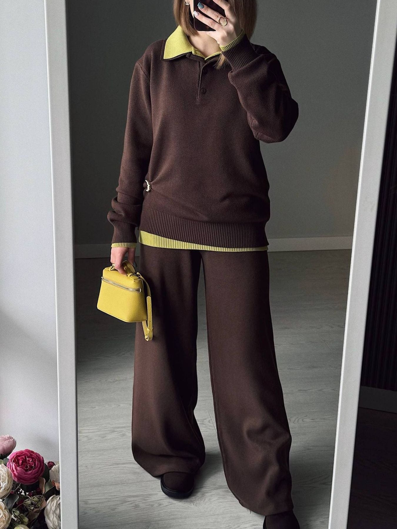 Polo Collar Top and Pants or Skirt Knit Set