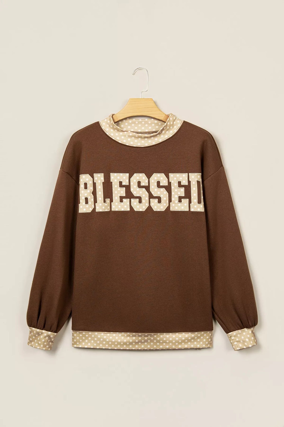 Polka Dot Trim High Neck BLESSED Letter Graphic Baggy Sweatshirt