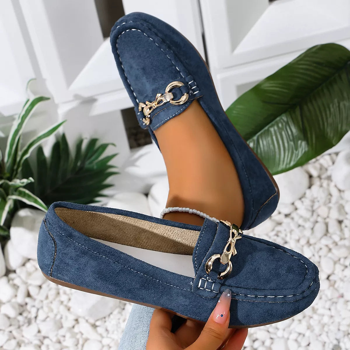 Comfortable Flat Loafers with Decorative Buckle
