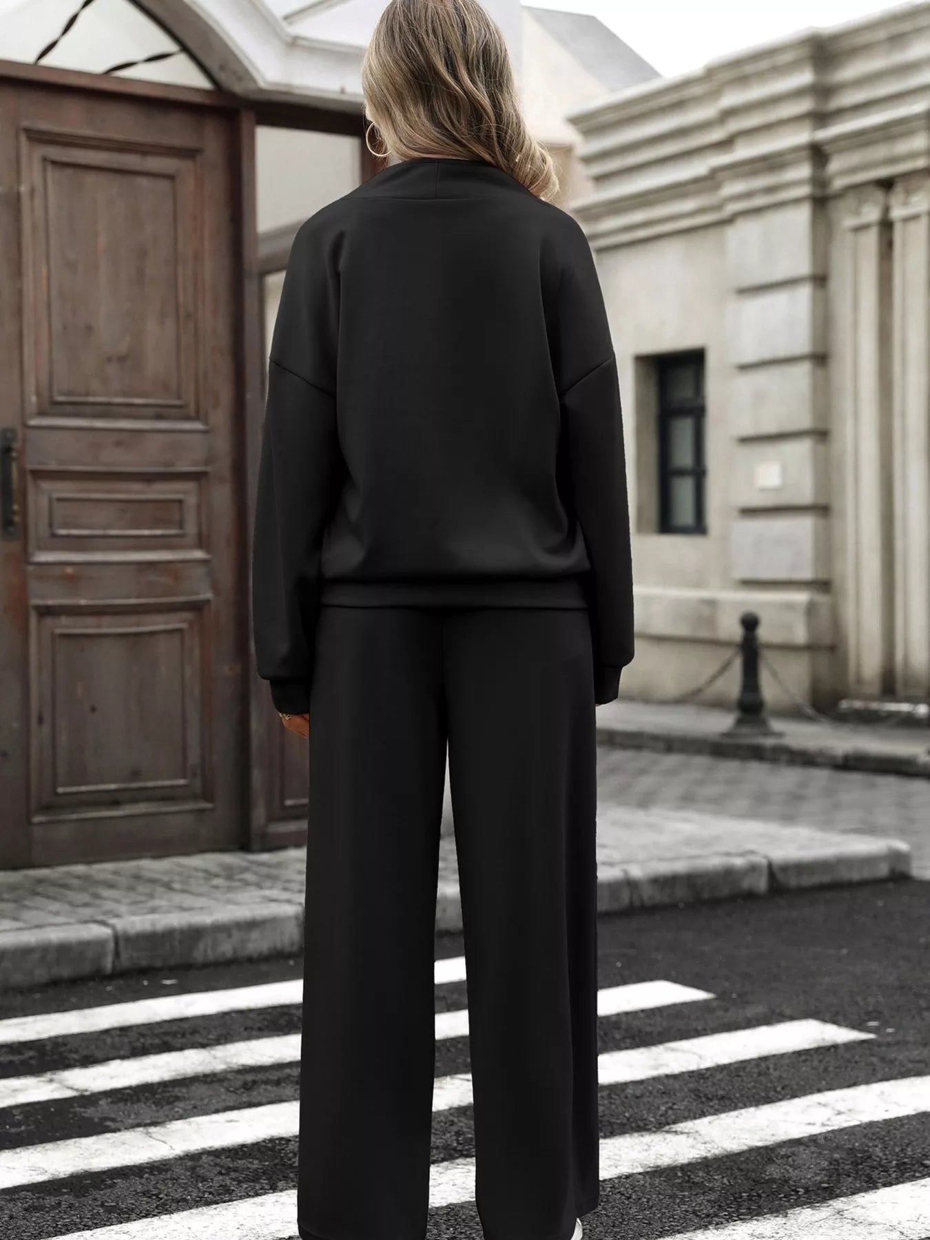 Half Zip Sweatshirt and Wide-Leg Pants Set