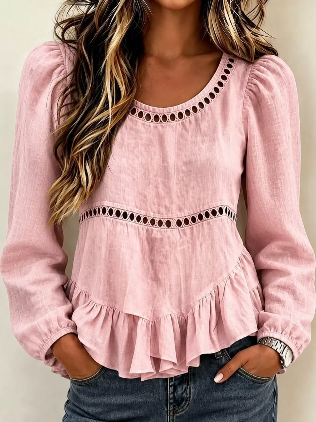 Long Sleeve Blouse with Eyelet Lace Trim and Ruffled Hem