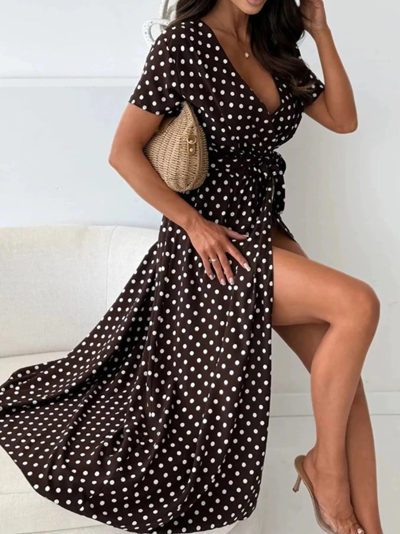 Polka Dot Surplice Maxi Dress with Slit