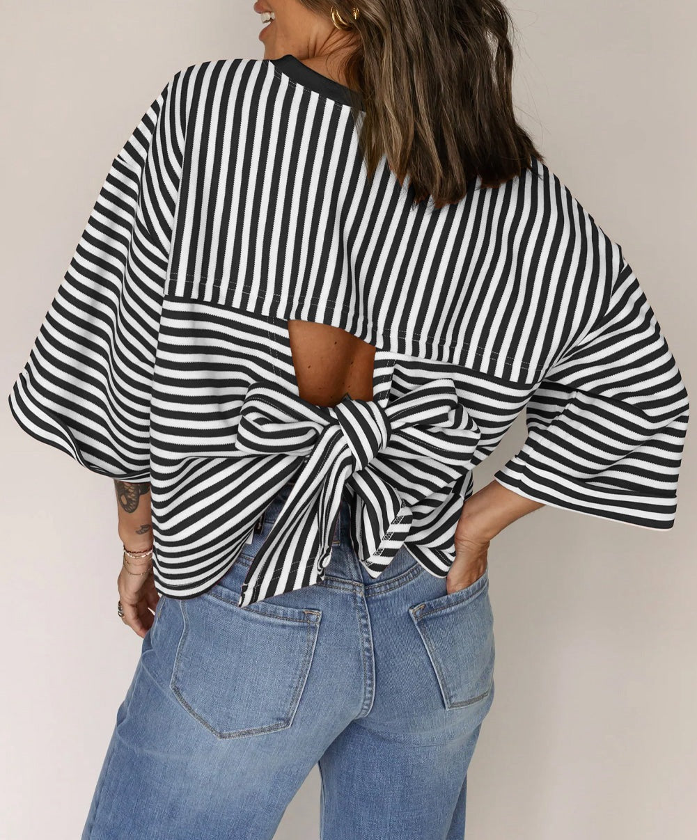 Women's Striped Back Tie-Bow Pullover Top – Round Neck 3/4 Sleeve