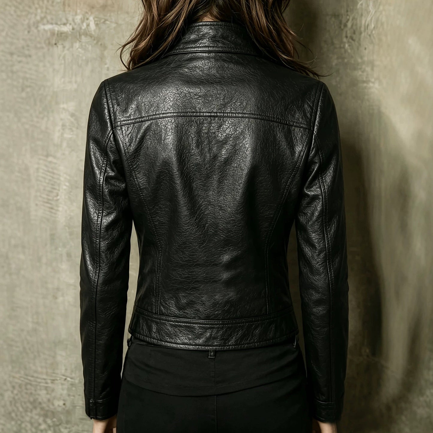 Vintage Washed PU Leather Biker Jacket | Slim Fit Moto Zip | Black