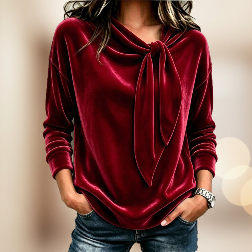 Solid Color Long Sleeve Bow Top – Loose Fit Scarf Collar