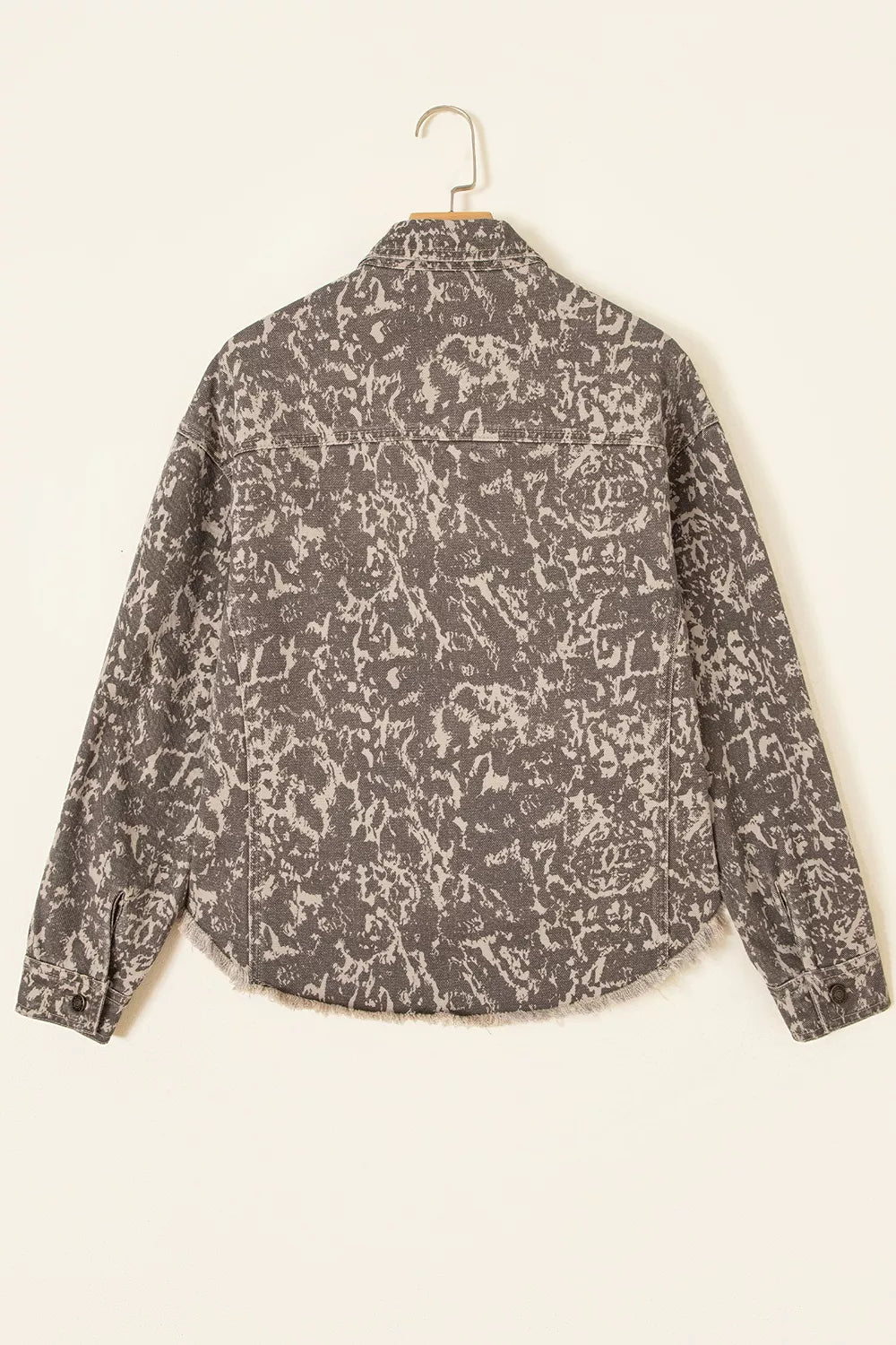 Abstract Print Long Sleeve Collar Raw Hem Denim Jacket