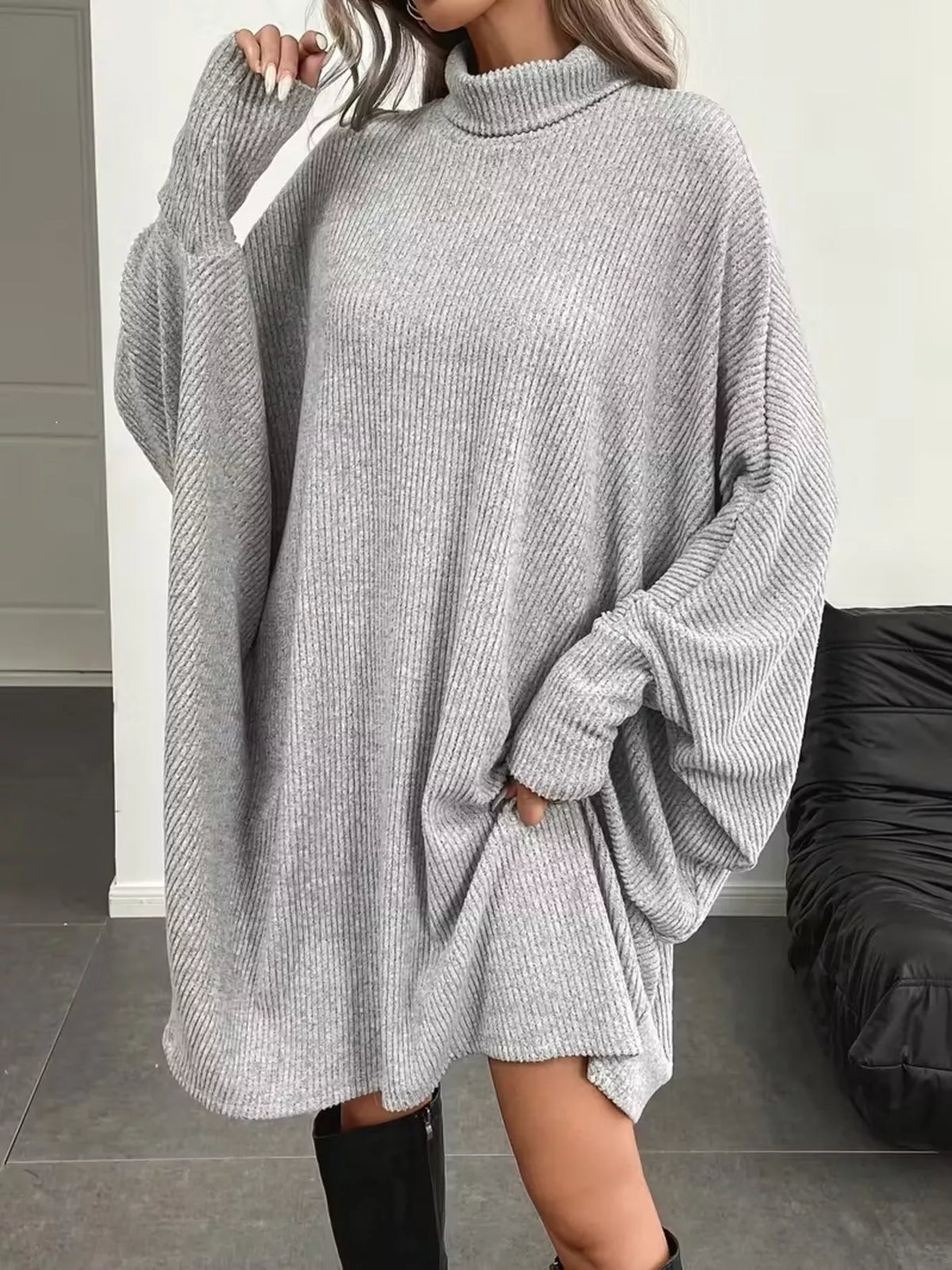 Oversized Batwing Sleeve Ribbed Knit Turtleneck Dress