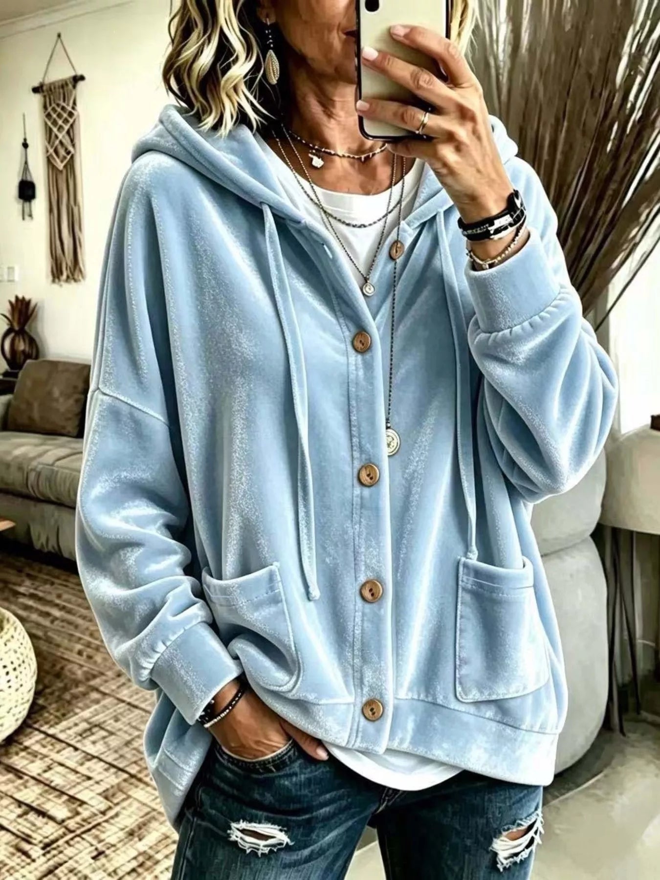 Full Size Casual Button-Down Hooded Outerwear Plus Size
