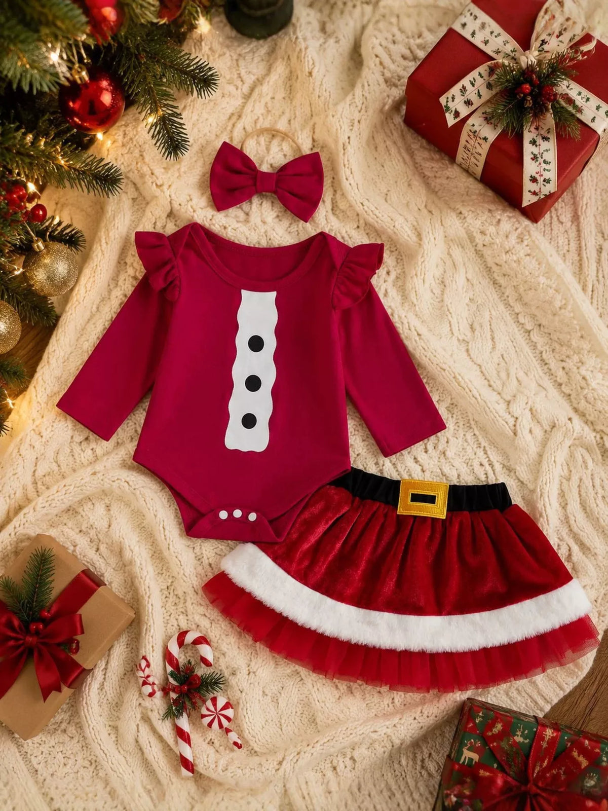 Children's Christmas Long Sleeve Bodysuit and Skirt Set with Bow Headband