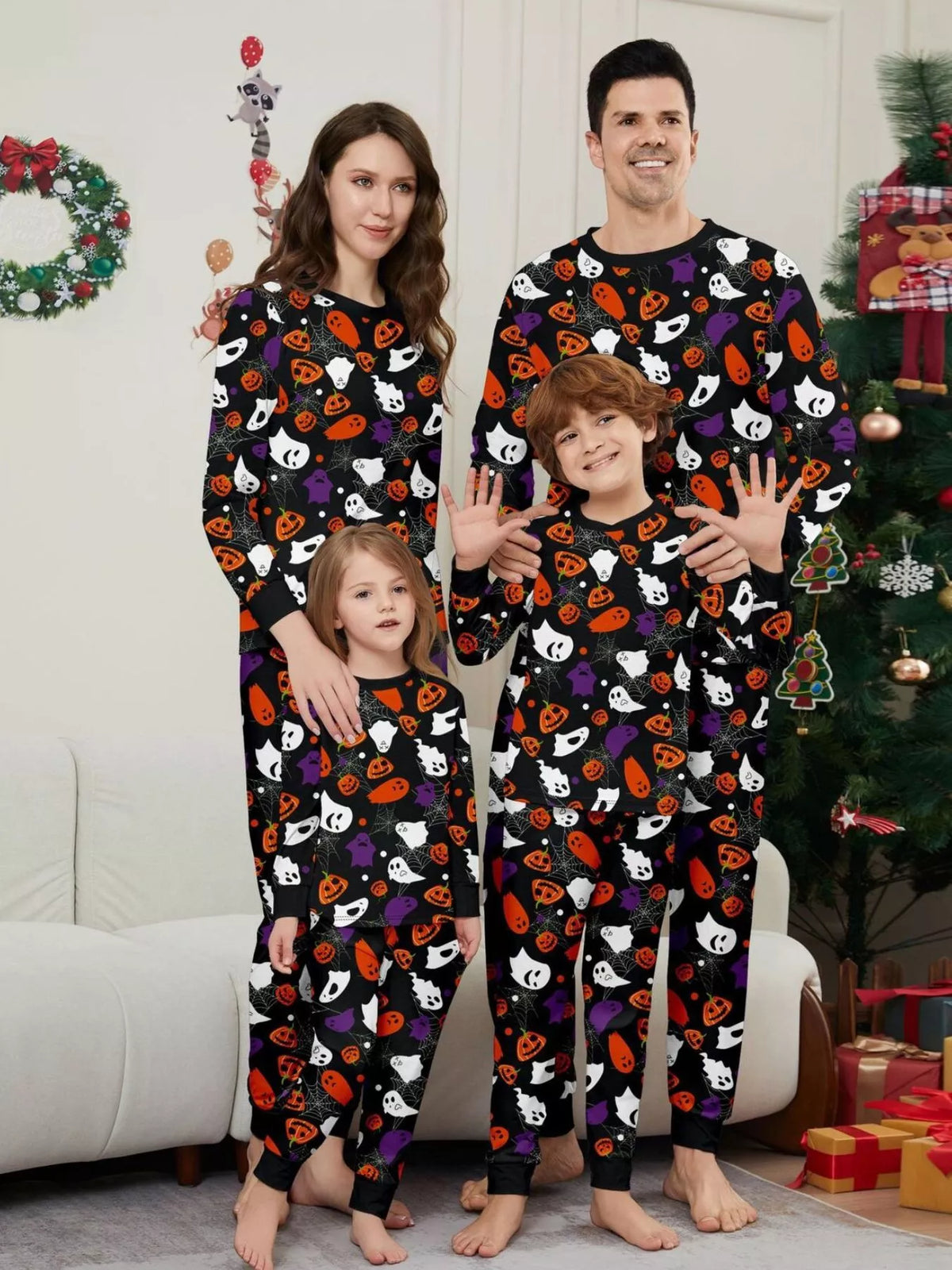 Full Size Halloween Themed Family Matching Pajama Set with Ghost and Pumpkin Print Plus Size