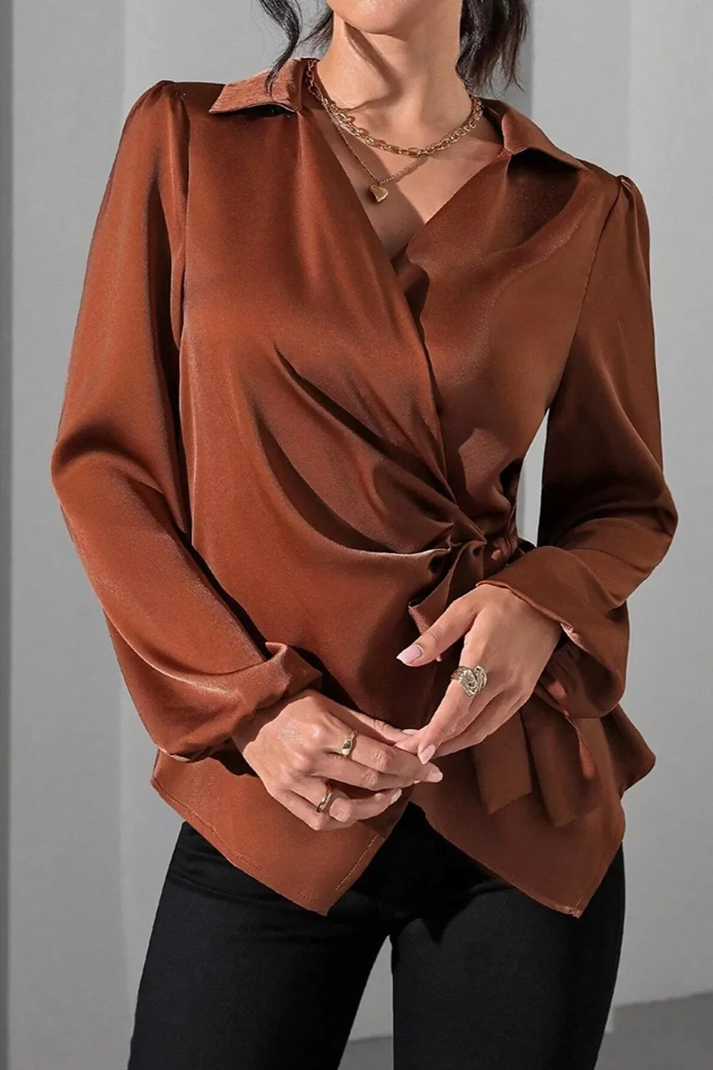 Satin Tied Detail Long Sleeve Blouse