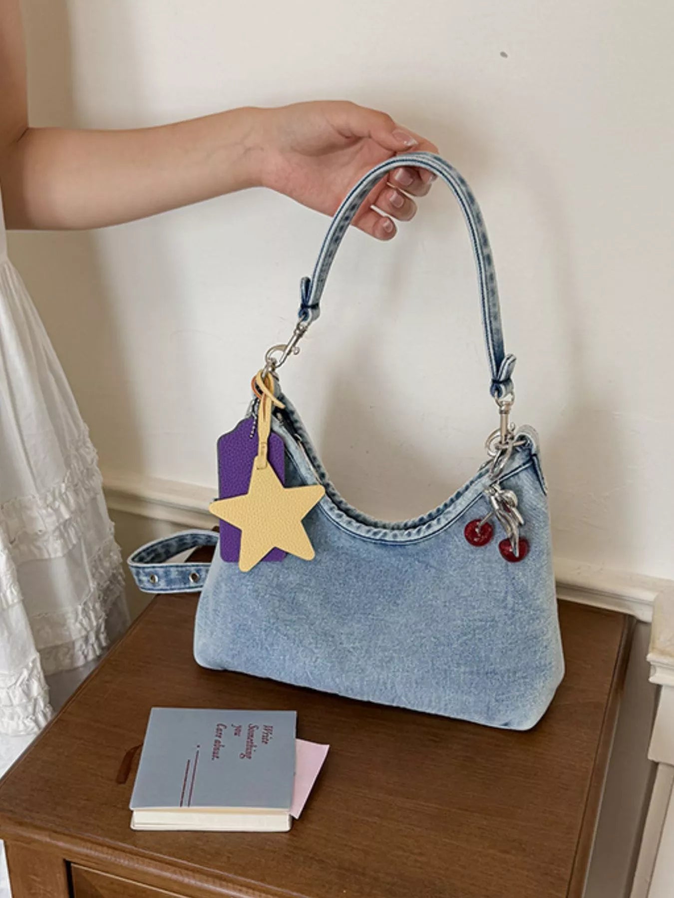 Star Charm Denim Shoulder Bag