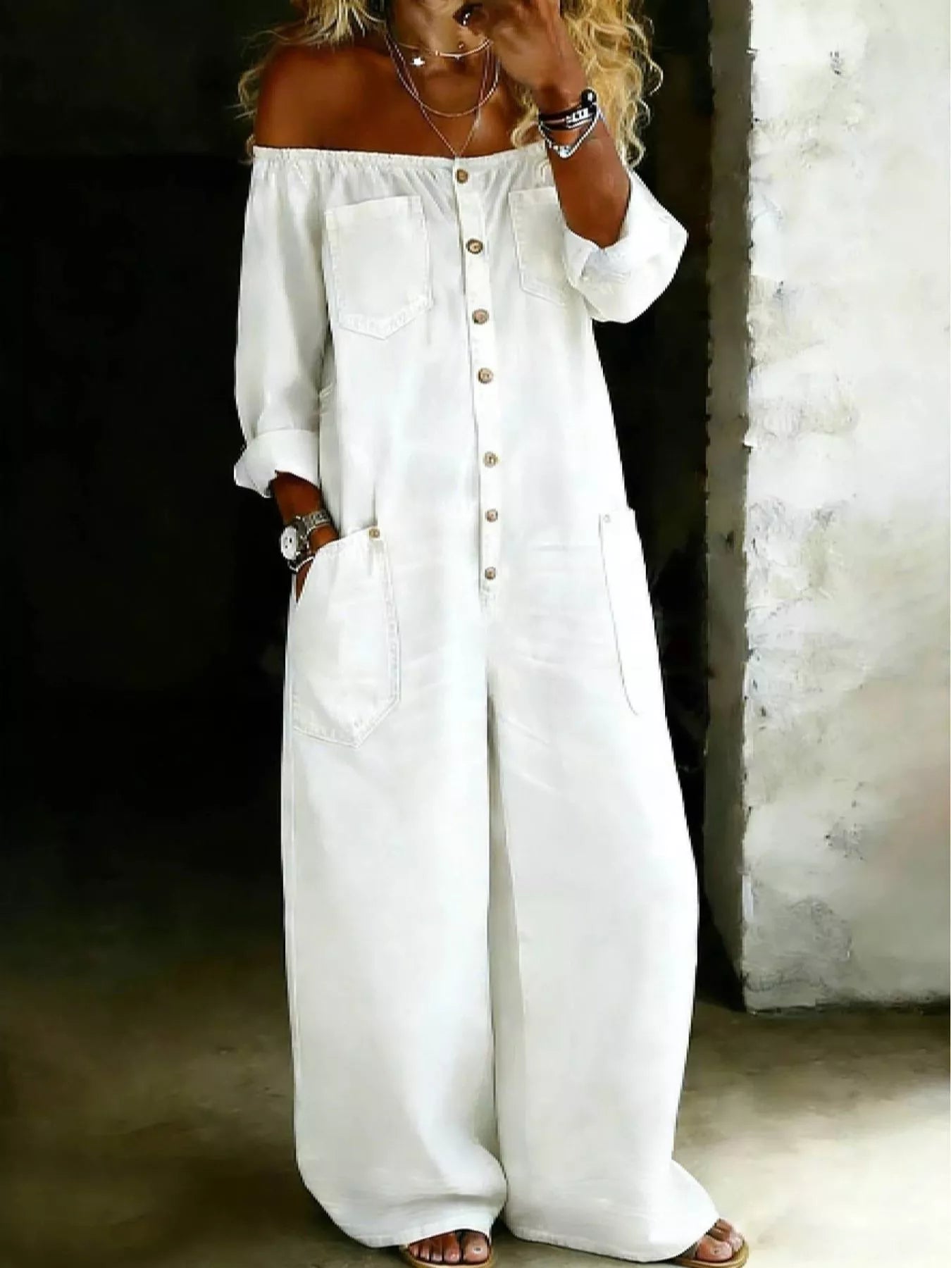 Full Size Off-Shoulder Button-Down Wide-Leg Jumpsuit Plus Size