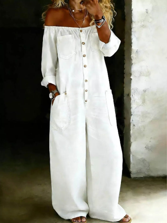 Full Size Off-Shoulder Button-Down Wide-Leg Jumpsuit Plus Size