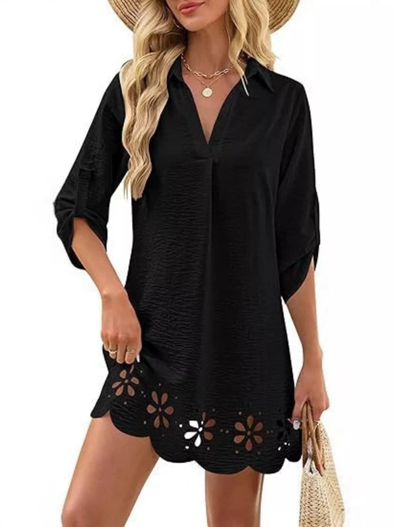 Scalloped Eyelet Hem Roll-Up Sleeve Dress