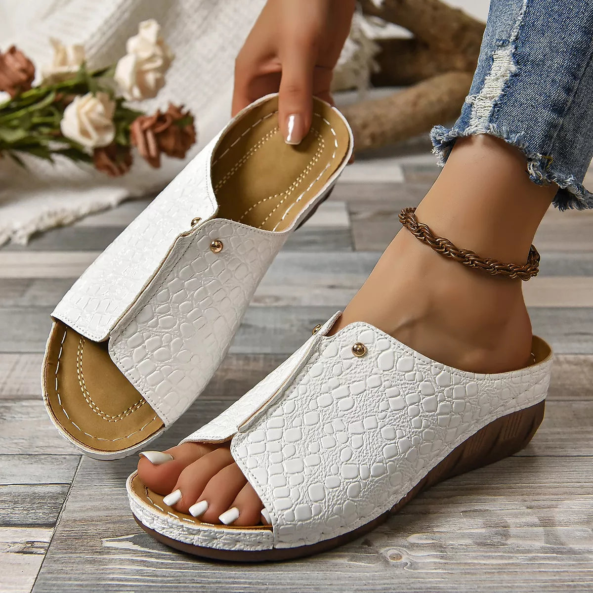 Crocodile-Embossed Wedge Sandals