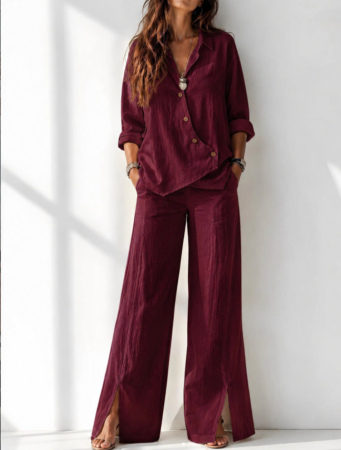 Women's Asymmetrical Long-Sleeve Top & Wide-Leg Pants Set