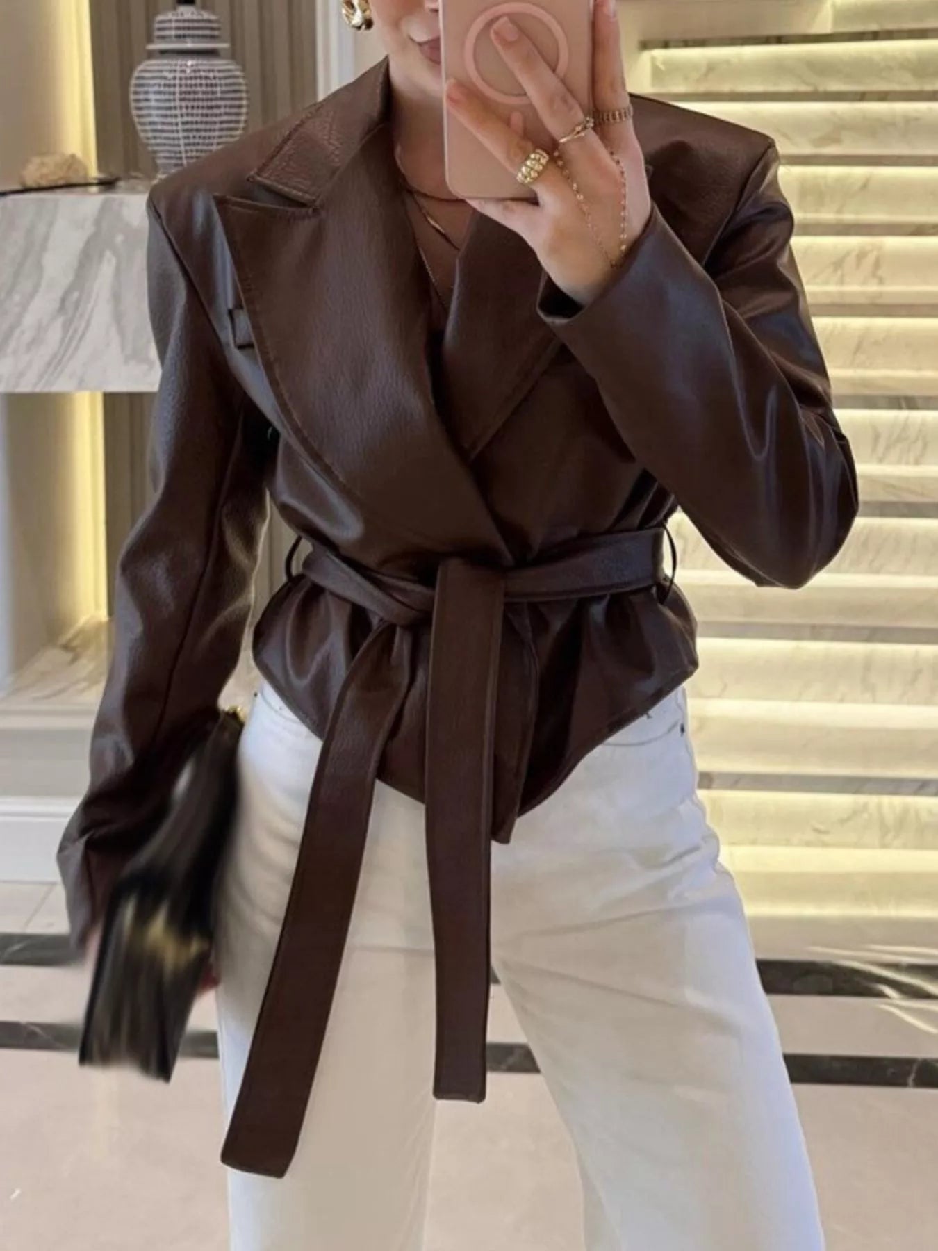 Belted Leather Jacket with Shawl Collar
