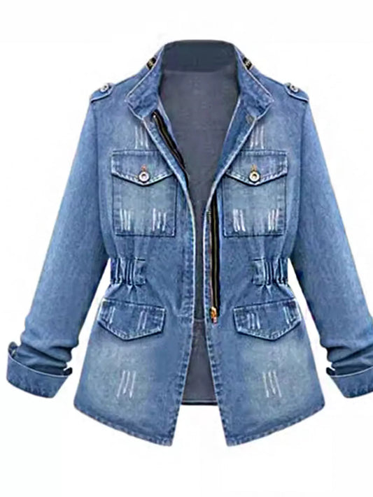 Full Size Chest Pocket Zip Up Denim Jacket Plus Size