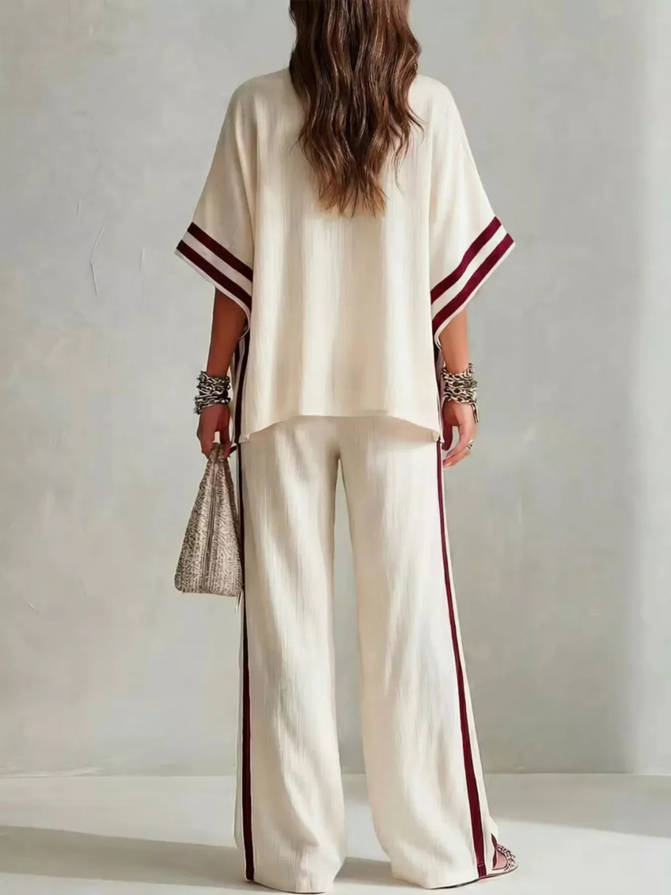 Full Size Striped 3/4 Sleeve Top and Pants Set Plus Size