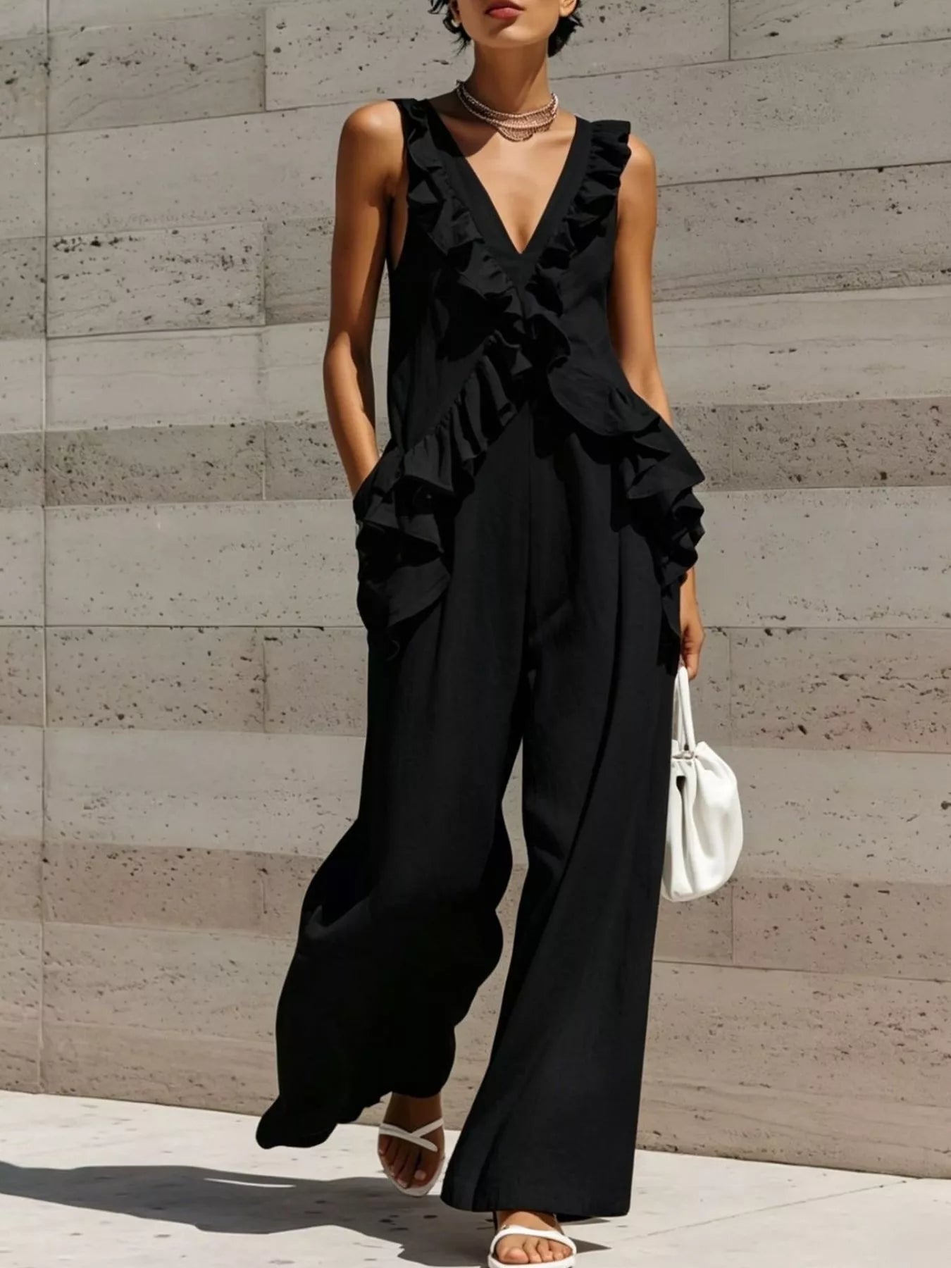 Ruffled V-Neck Sleeveless Jumpsuit