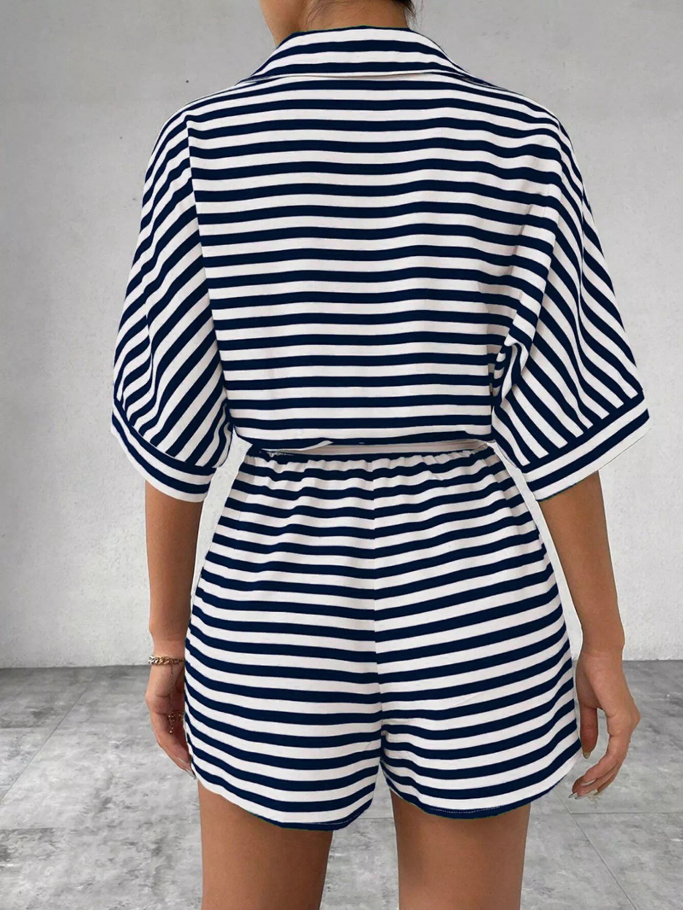 Striped Button Front Half Sleeve Romper