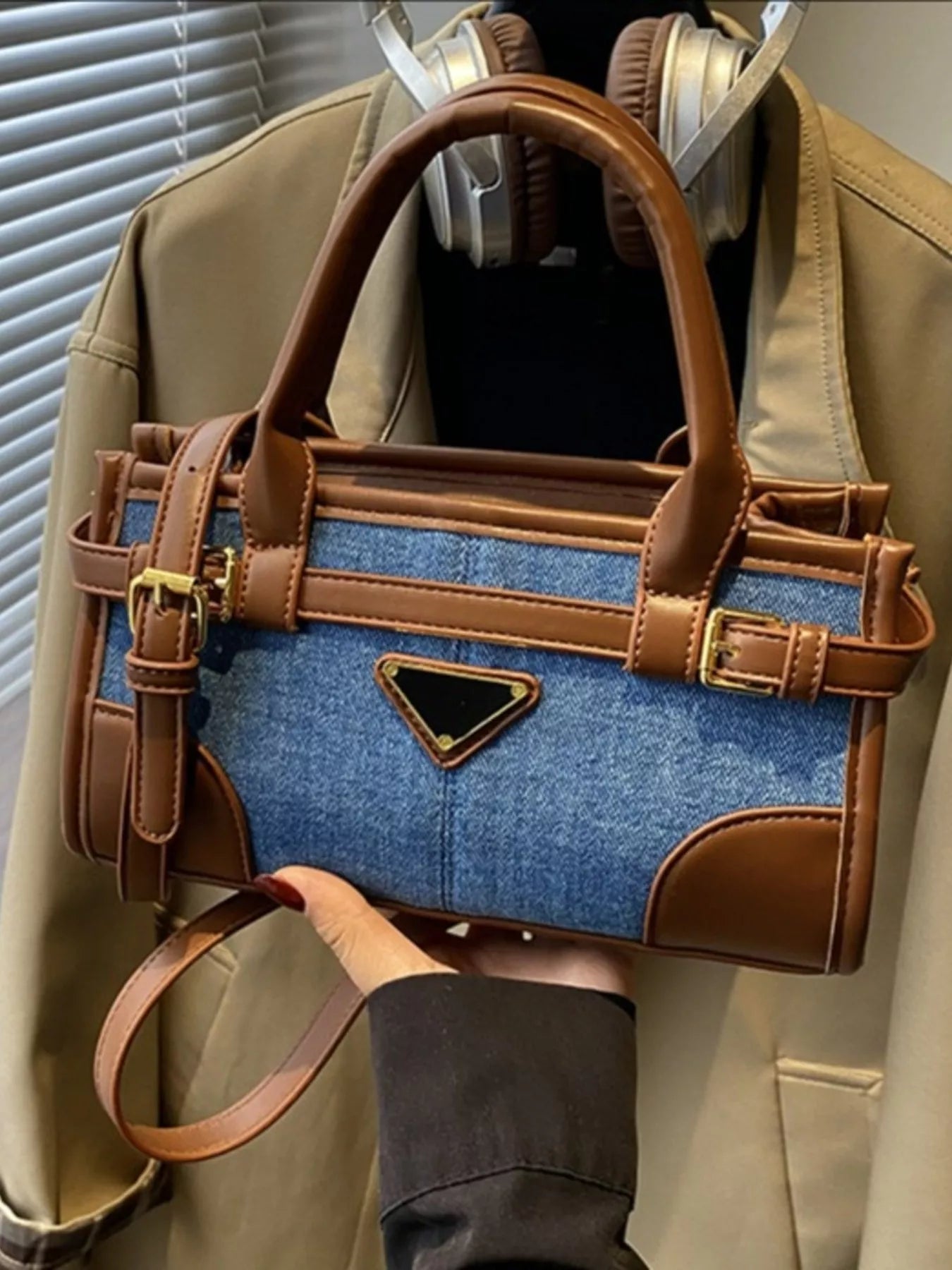 Denim Patchwork Buckle Decor Crossbody Bag