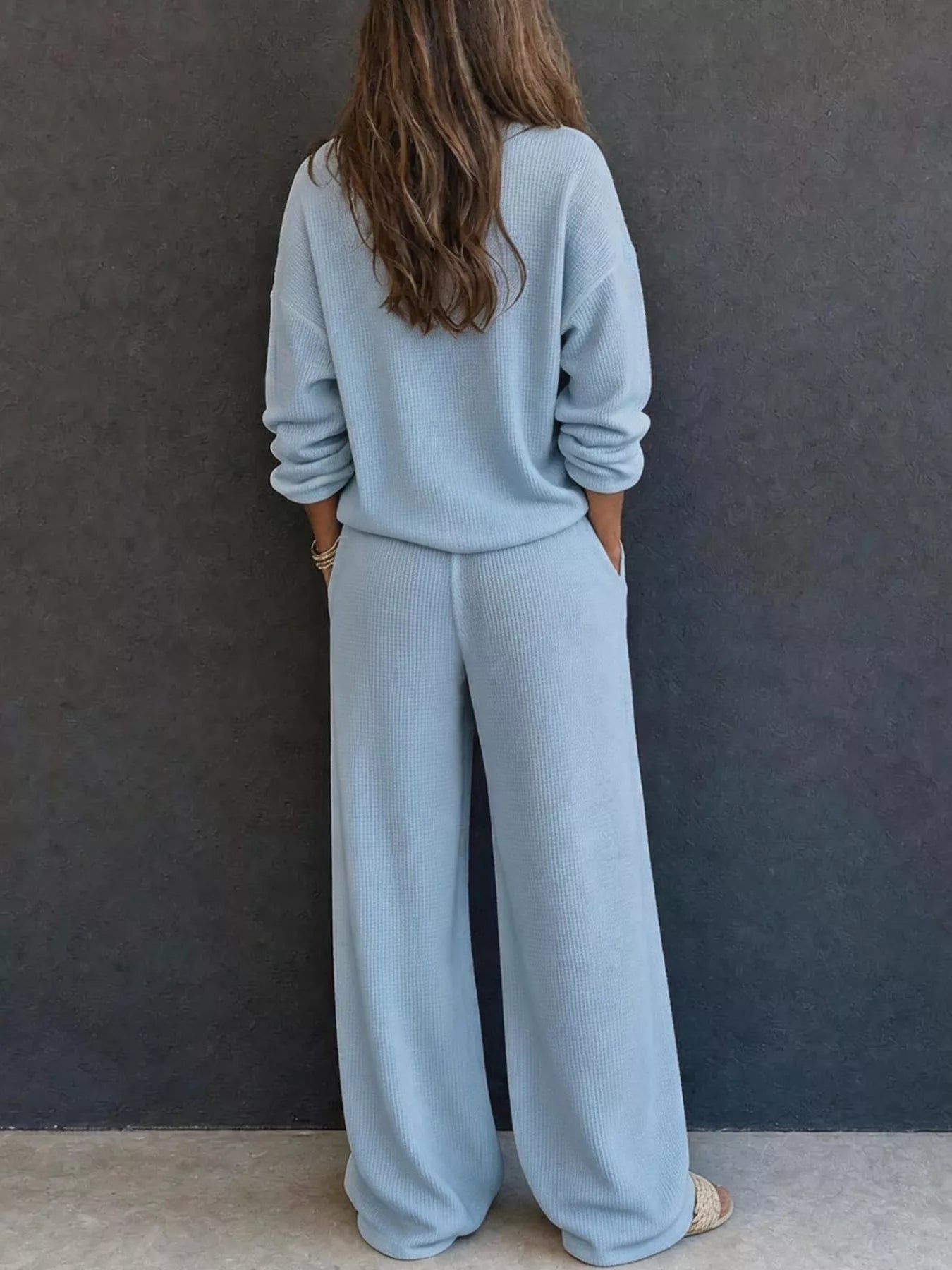 Waffle Knit Henley Top and Wide Leg Pants Set