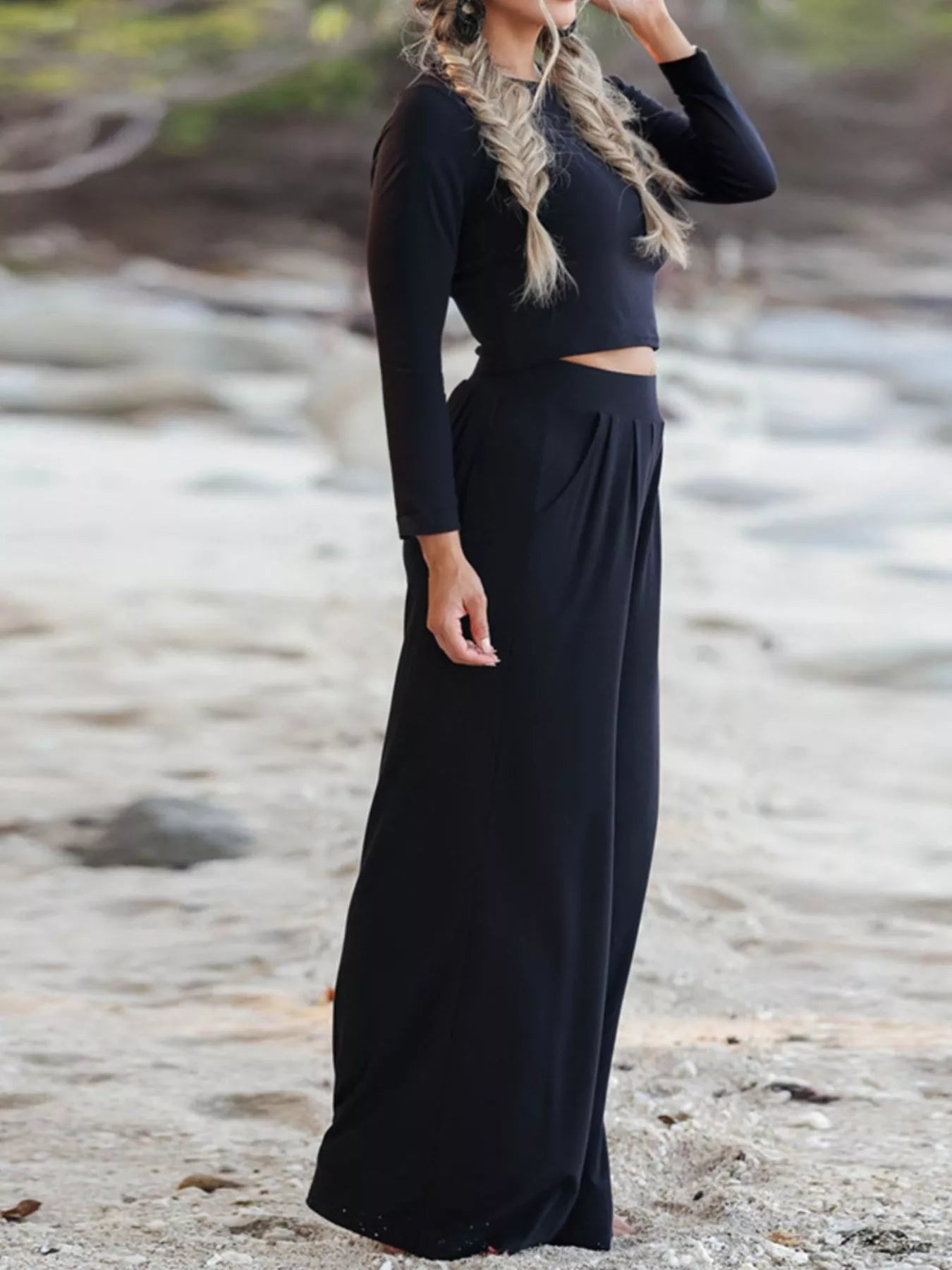 Long Sleeve Crop Top and Wide-Leg Pants Set