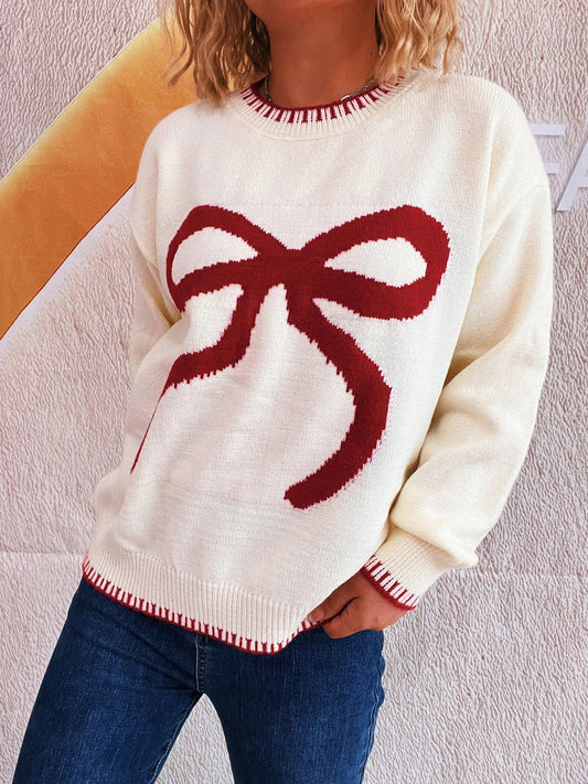 Bow Pattern Round Neck Sweater