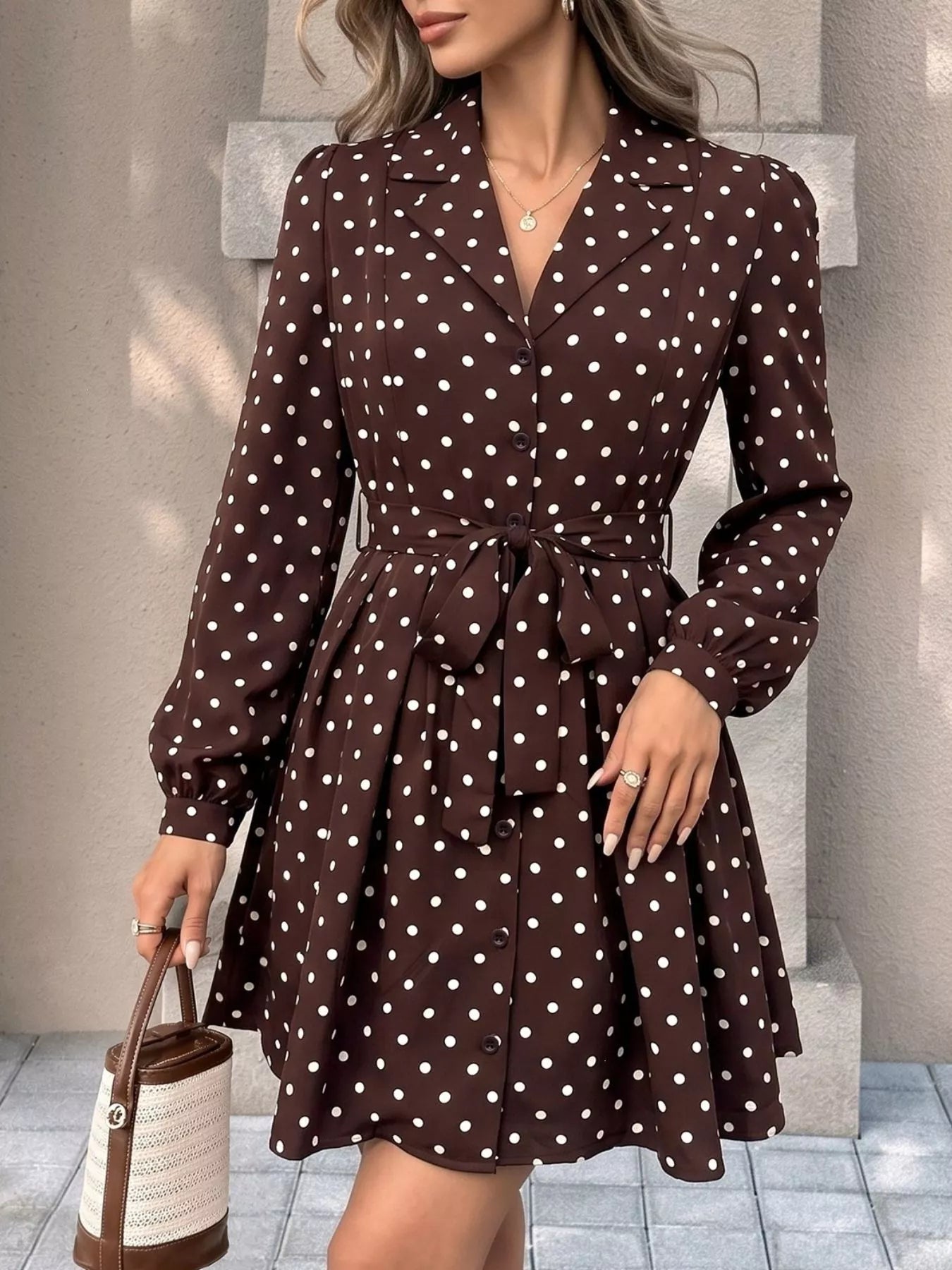 Polka Dot Long Sleeve Shirt Dress