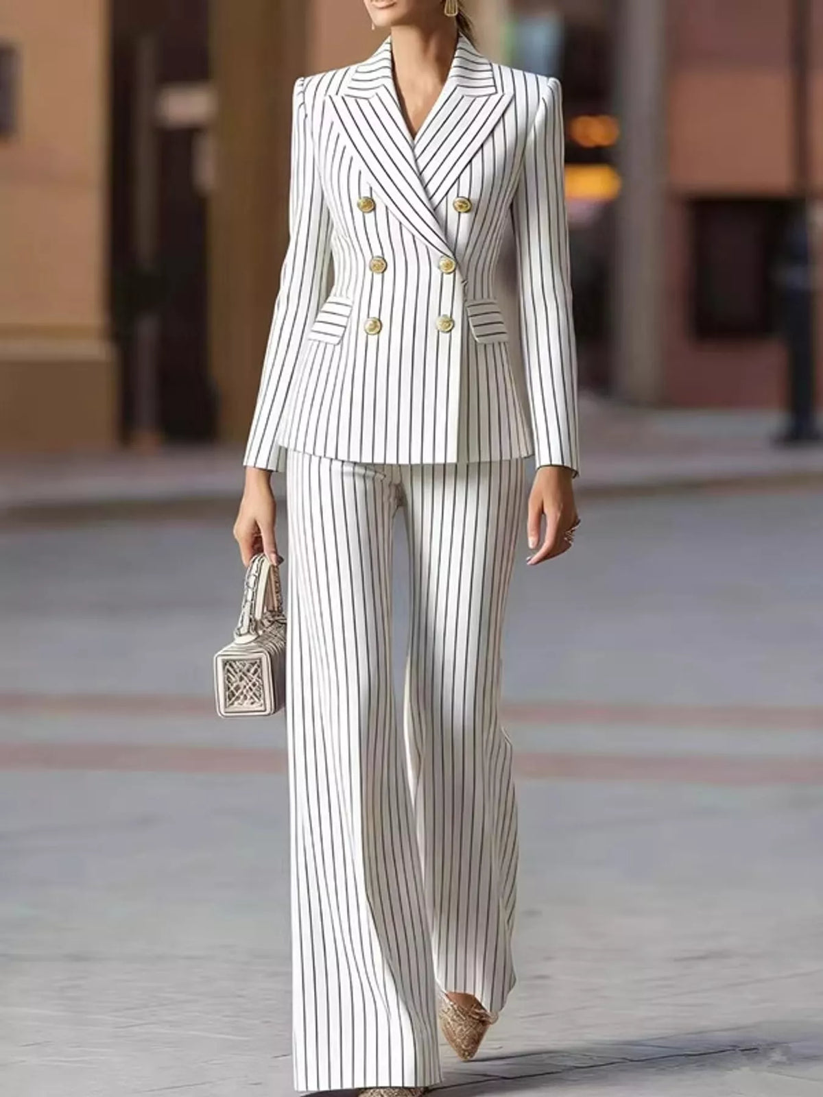 Double-Breasted Pinstripe Blazer and Wide-Leg Pants Set