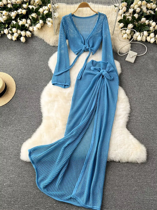Knitted Crop Top and Slit Skirt Set