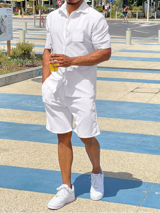 Men's Plus Size Button Up Shirt and Shorts Set