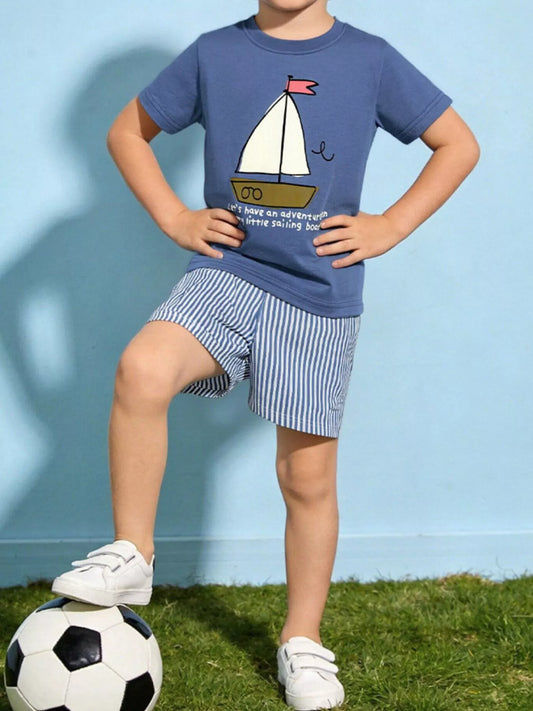 Children's Sailboat Graphic Tee and Striped Shorts Set