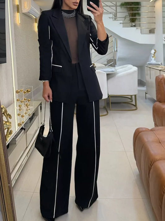 Contrast Trim Blazer & Wide Leg Pants Set