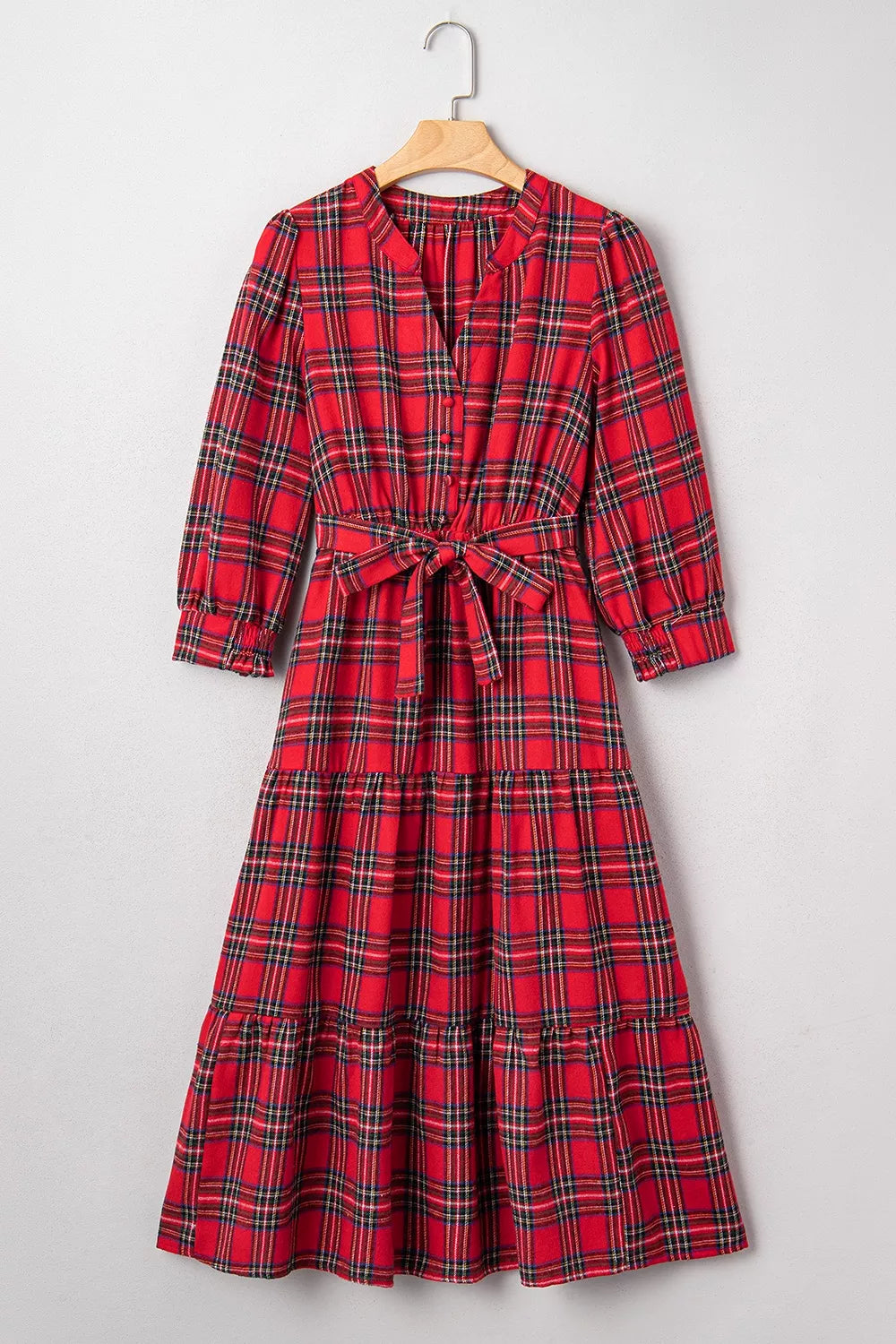 Christmas Plaid V Neck 3/4 Sleeve Tie Waist Ruffle Hem Midi Dress