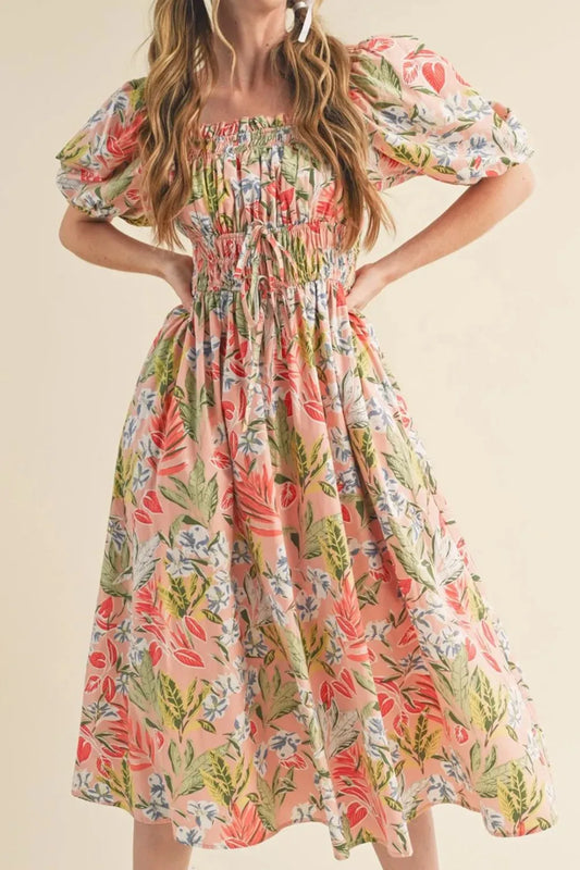 Floral Smocked Square Neck Puff Short Sleeve Midi Dress