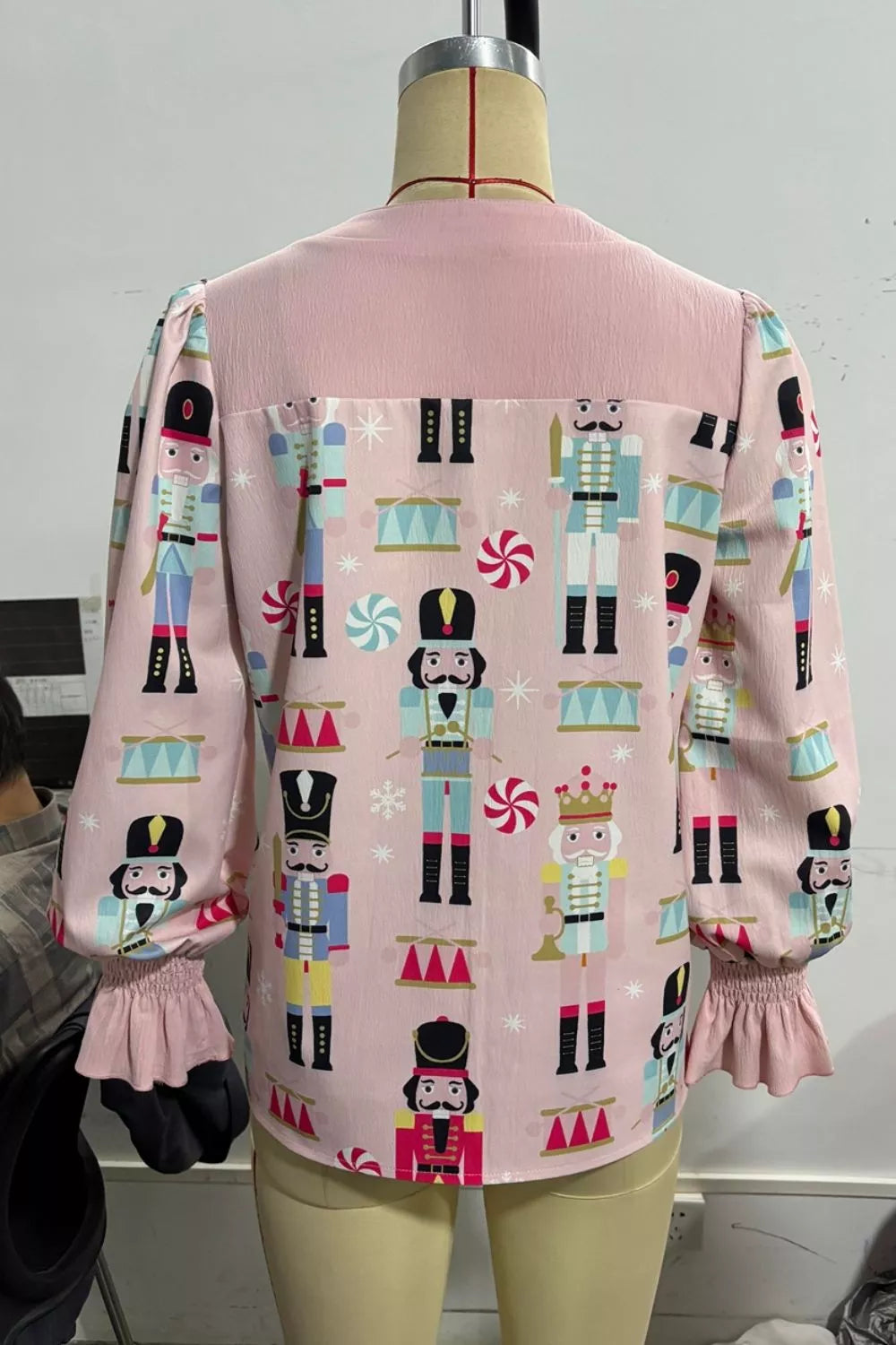 Nutcracker Print Notched Flounce Sleeve Blouse