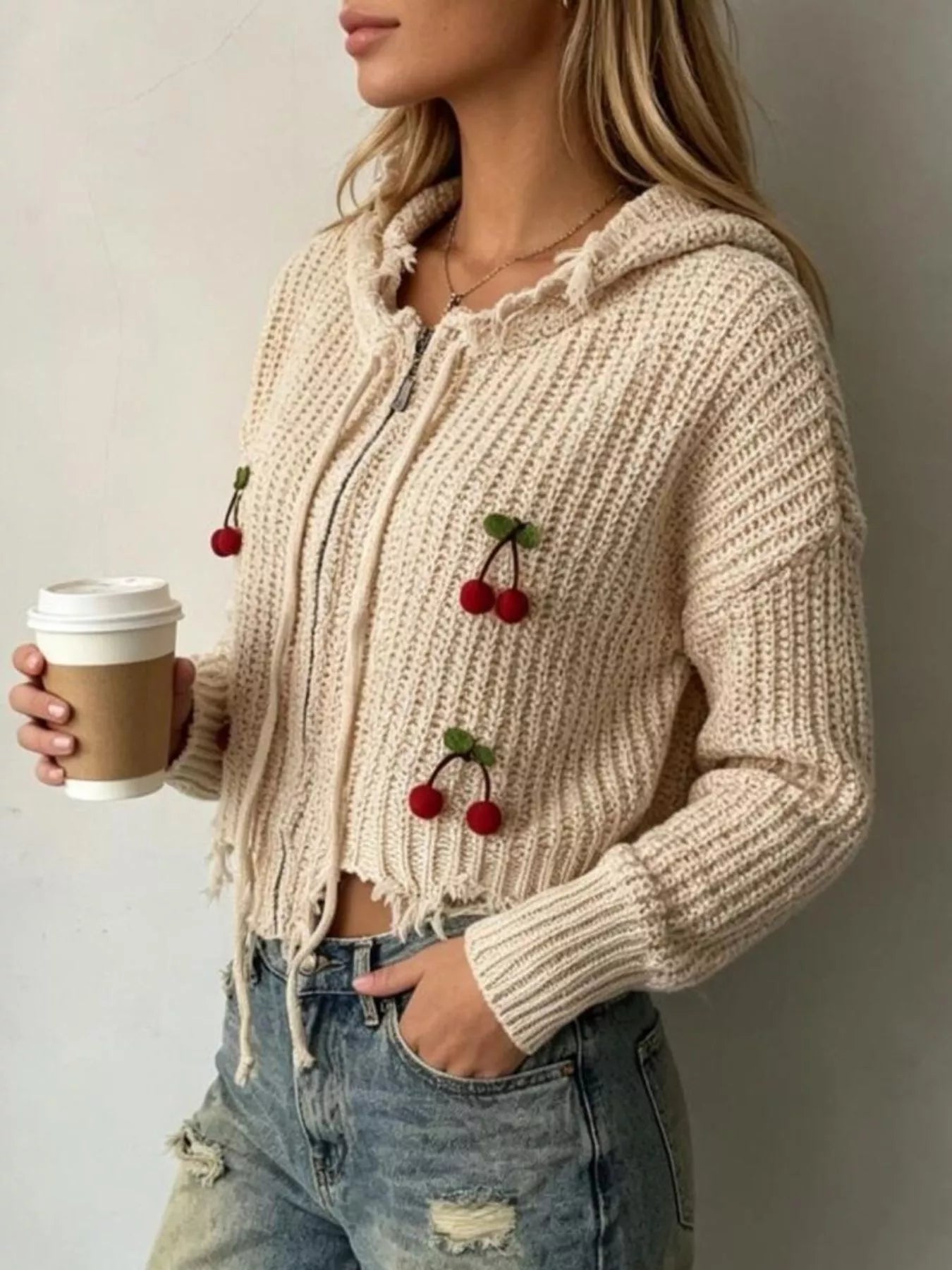 Cherry Knit Zip-Up Hooded Sweater