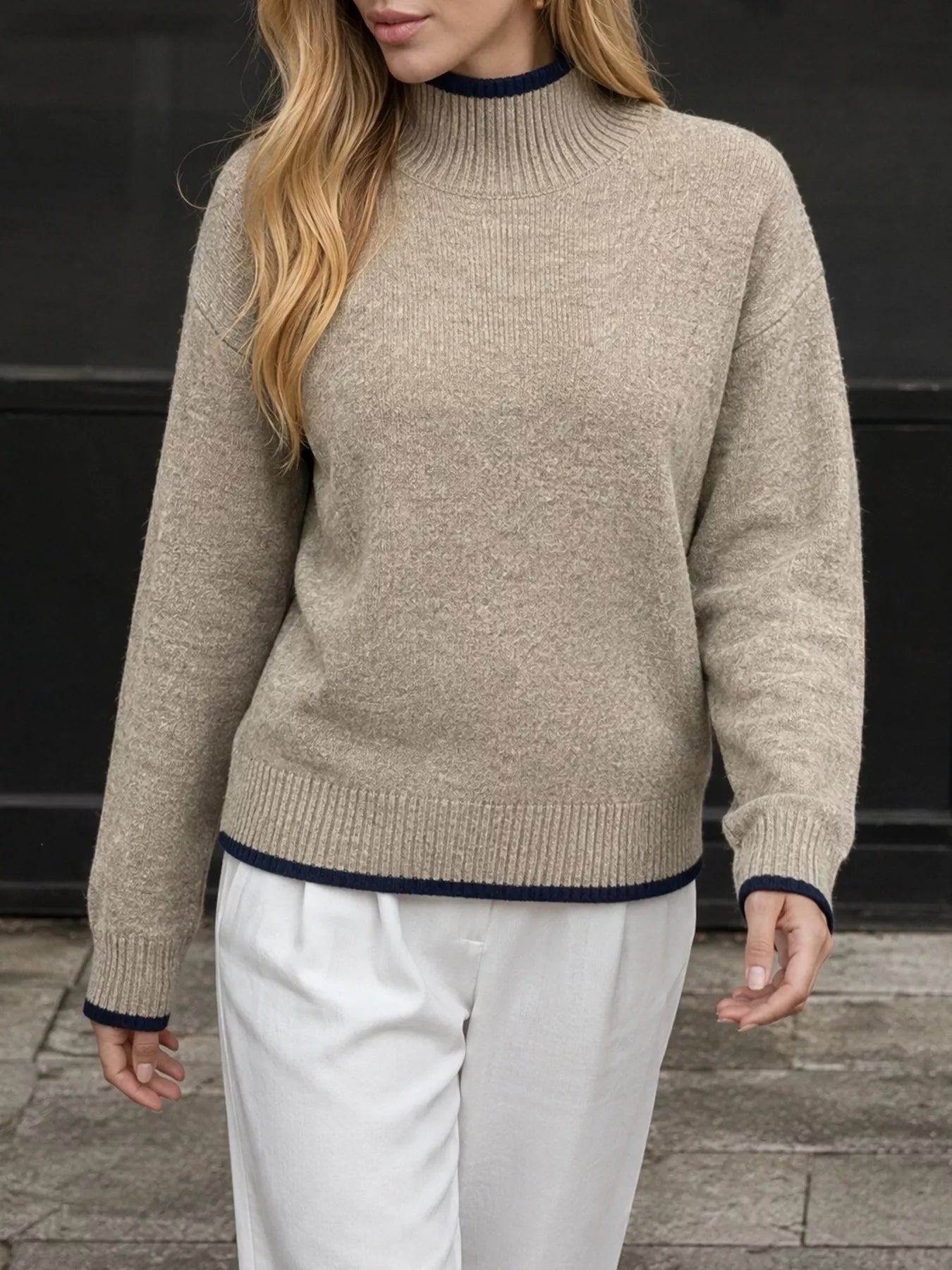 Cozy Mock Neck Sweater with Contrast Trim