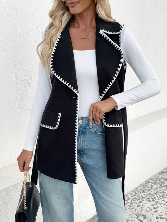 Contrast Trim Collared Neck Vest Coat