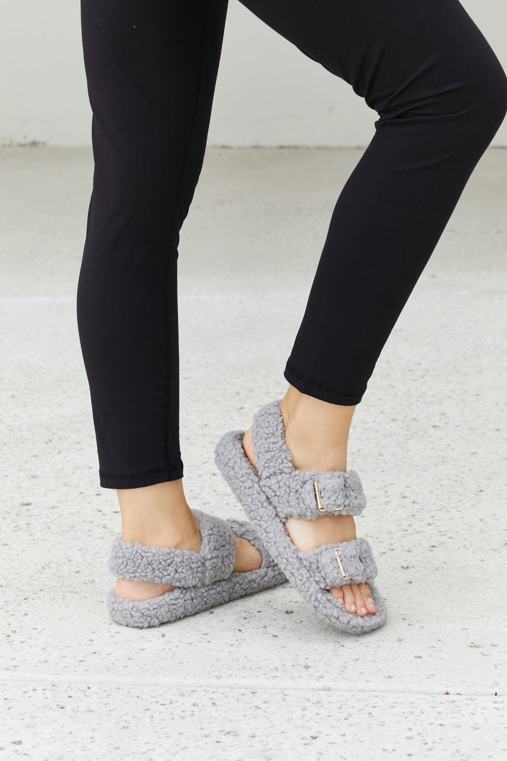 Qupid Cozy Atmosphere Faux Fur Buckled Sandals in Grey