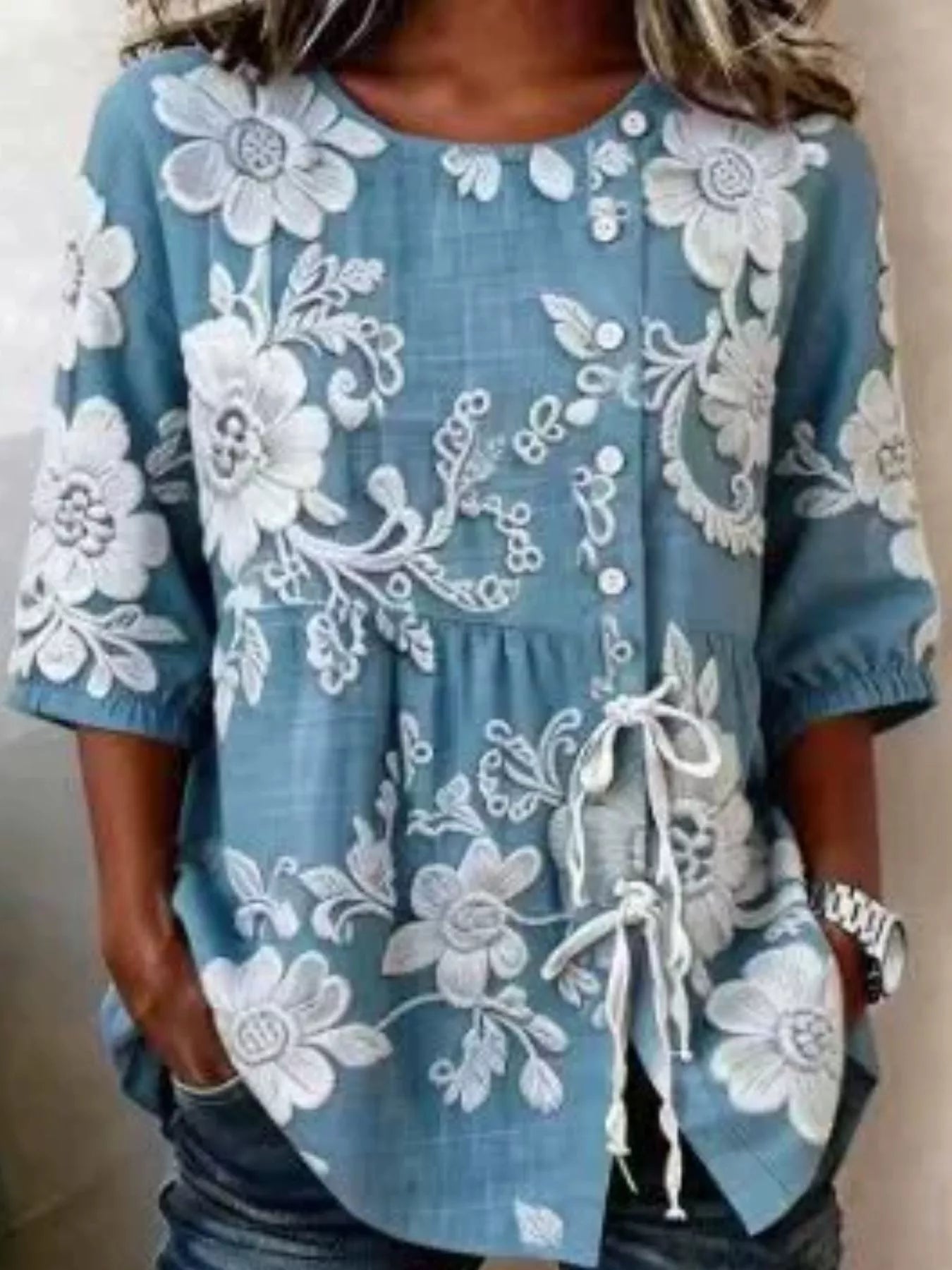 Full Size Embroidered Floral Tie Front Shirt Plus Size