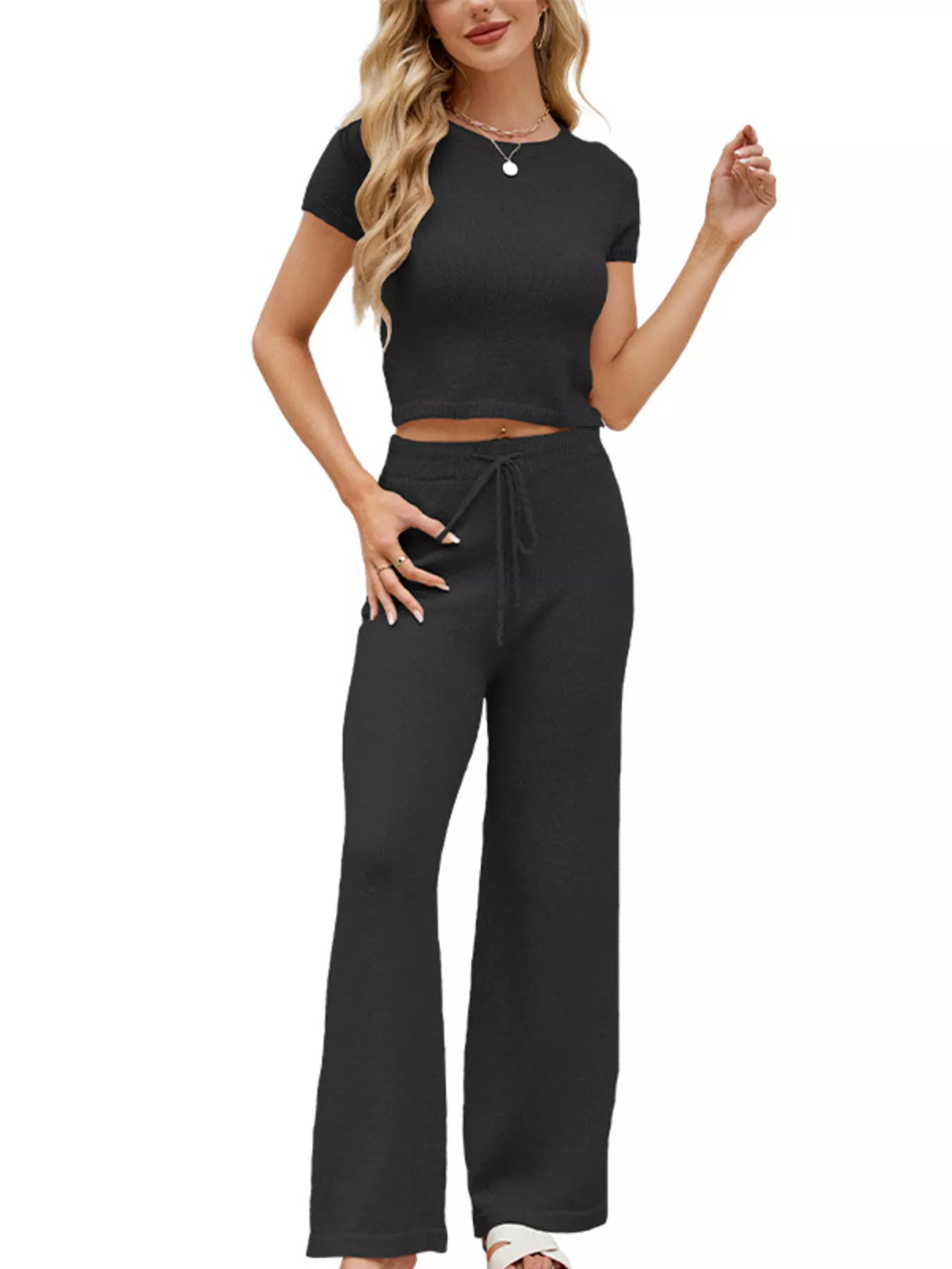 Solid Color Knit Short Sleeve Top and Wide Leg Pants Set