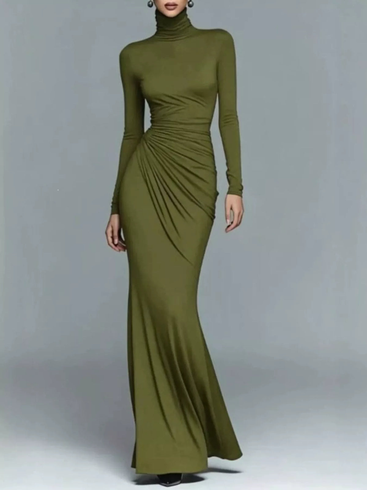 Turtleneck Long-Sleeve Ruched Maxi Dress