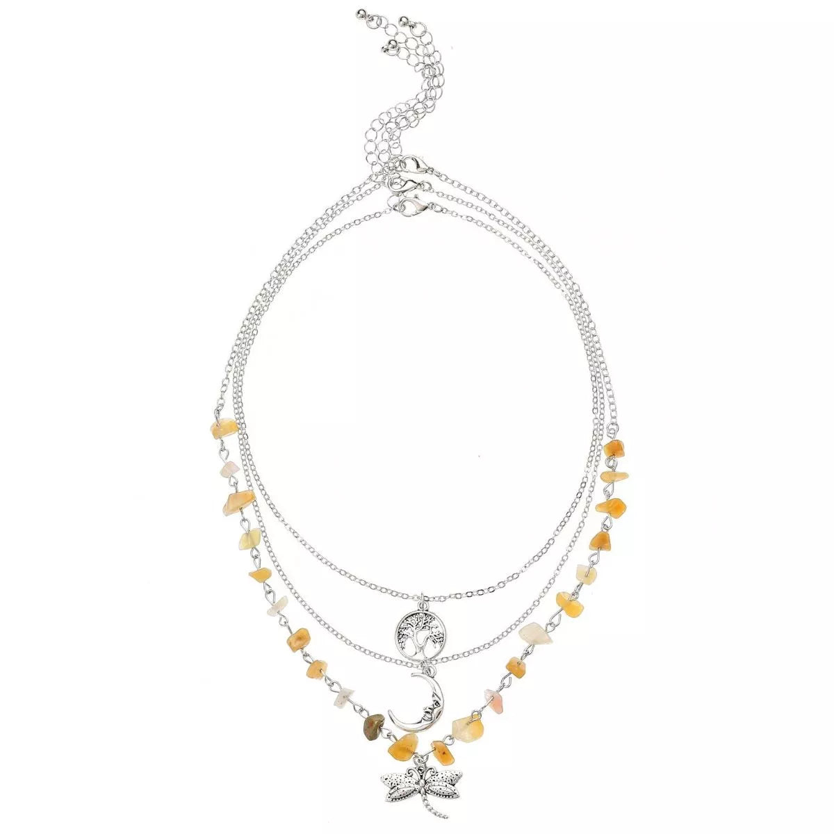 3-Piece Bohemian Layered Dragonfly Moon Tree Pendant Necklace