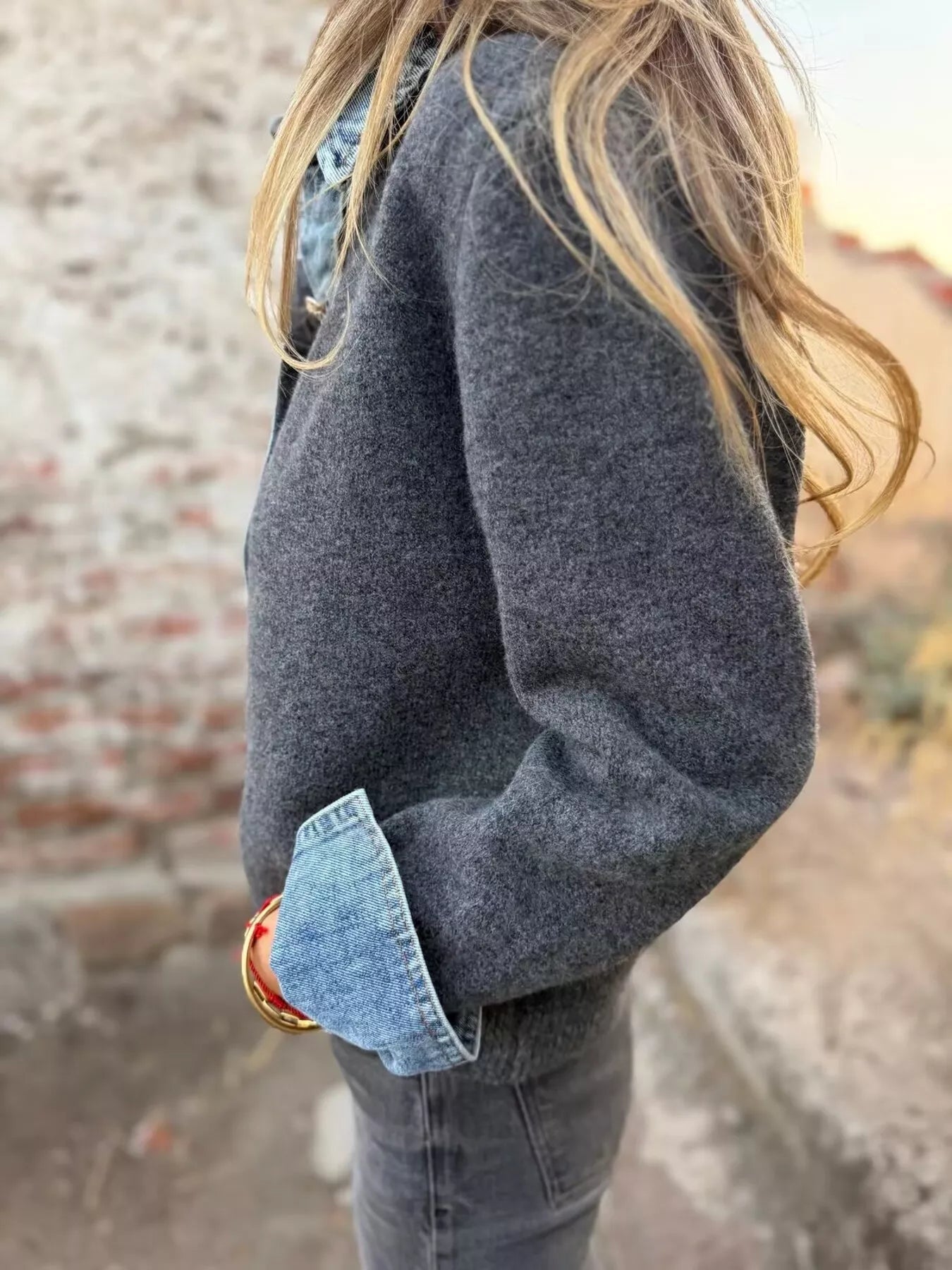 Contrast Denim Trimmed Sweater Cardigan