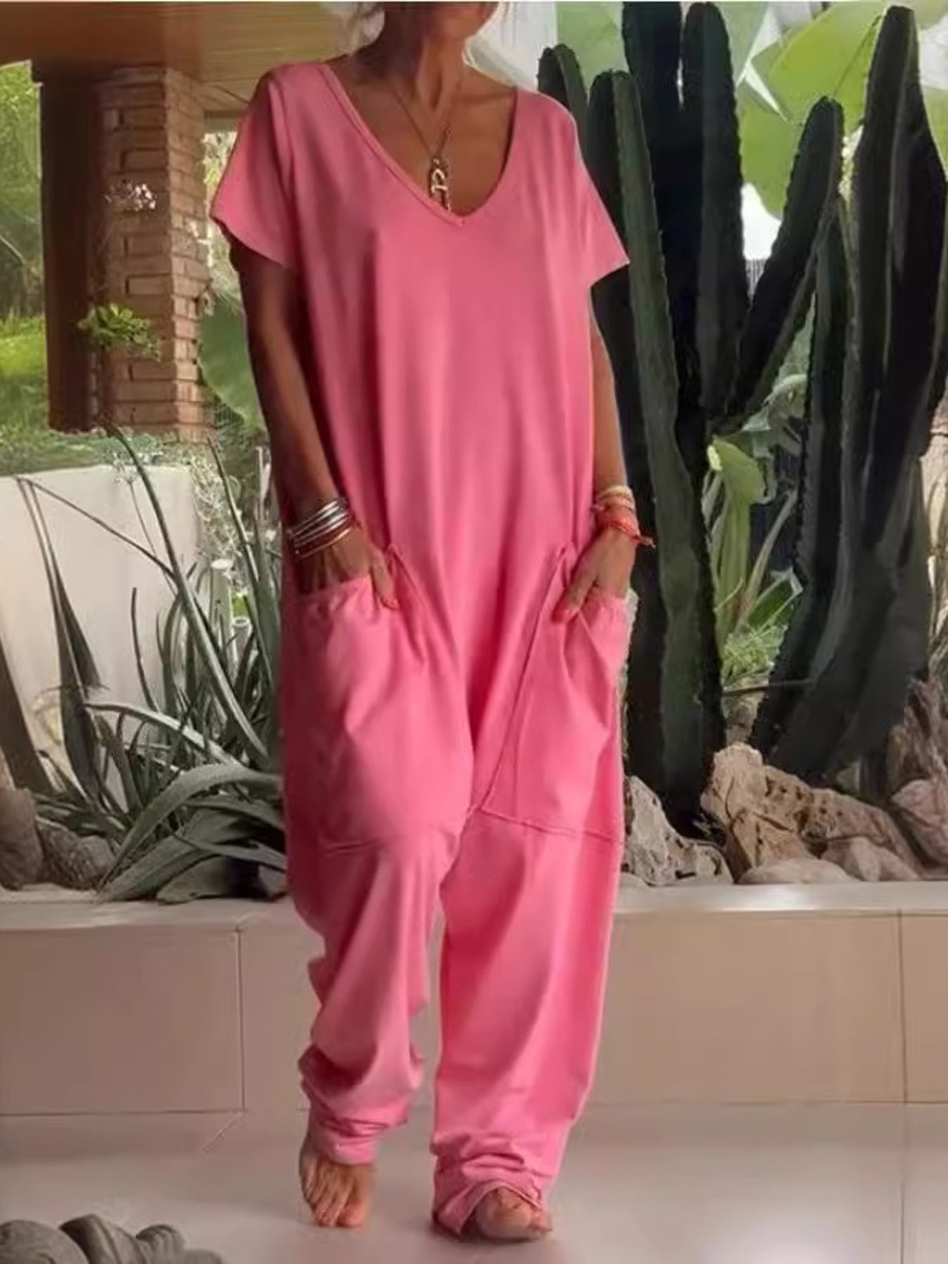 Full Size Loose Fit V-Neck Short Sleeve Wide Leg Jumpsuit Plus Size